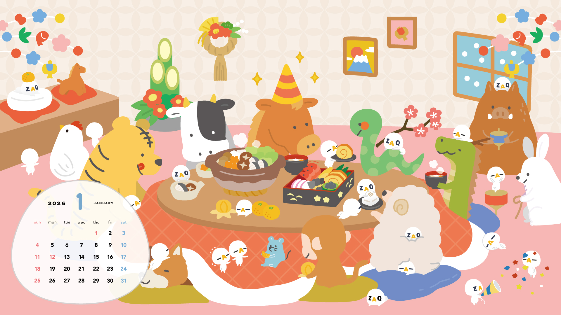 ざっくぅカレンダーつき壁紙2026年1月_1920x1080 - ざっくぅパーク（ZAQ）