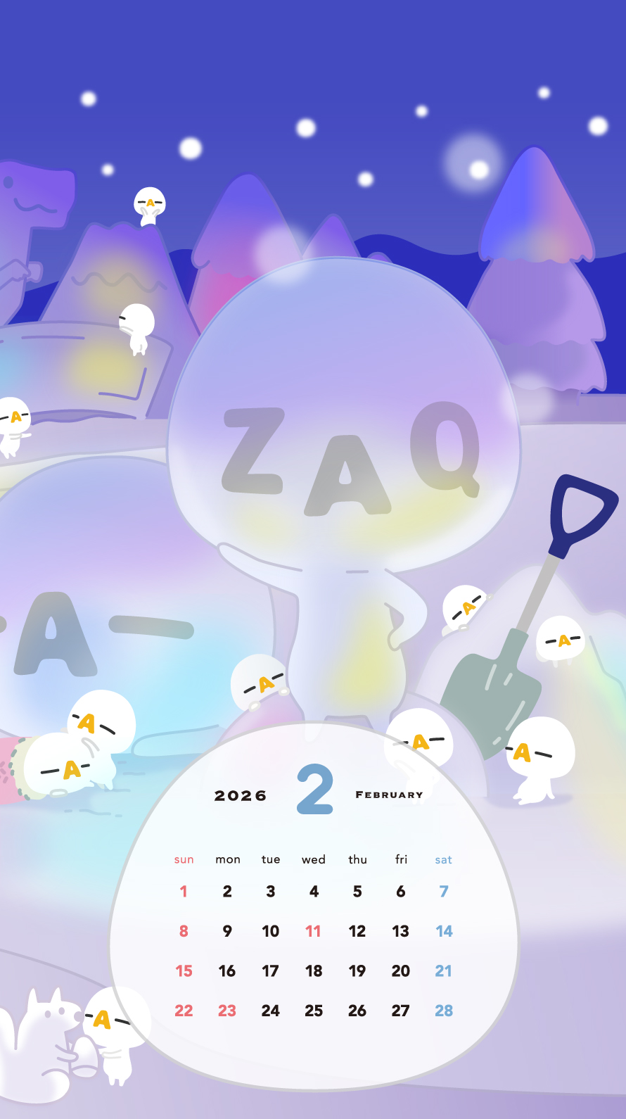 ざっくぅカレンダーつき壁紙2026年2月_890x1590 - ざっくぅパーク(ZAQ) ざっくぅカレンダーつき壁紙2026年2月_890x1590 - ざっくぅパーク(ZAQ)